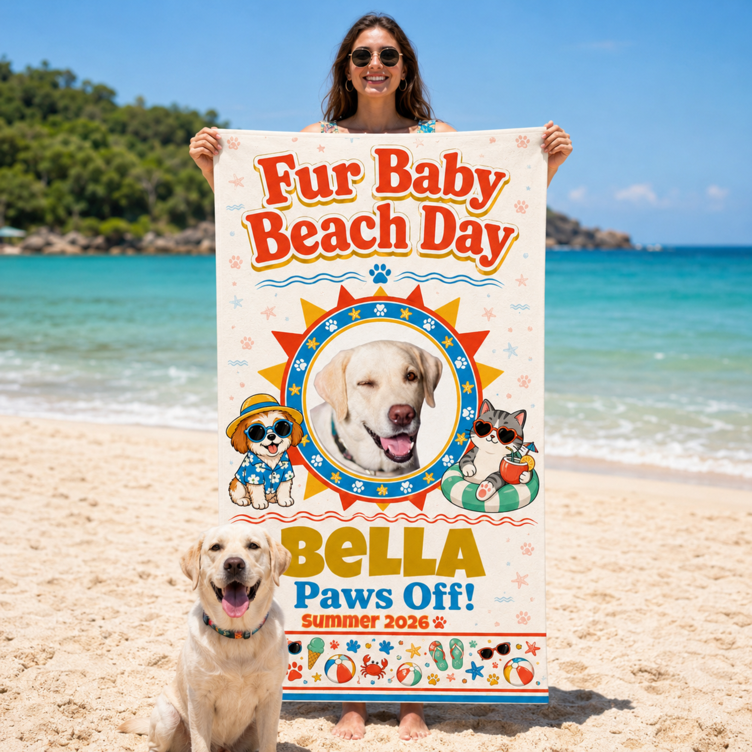 Personalized Dog Beach Towel, Custom Pet Towel with Photo & Name, Fur Baby Beach Day Towel, Dog Mom Gift, Summer Beach Towel.