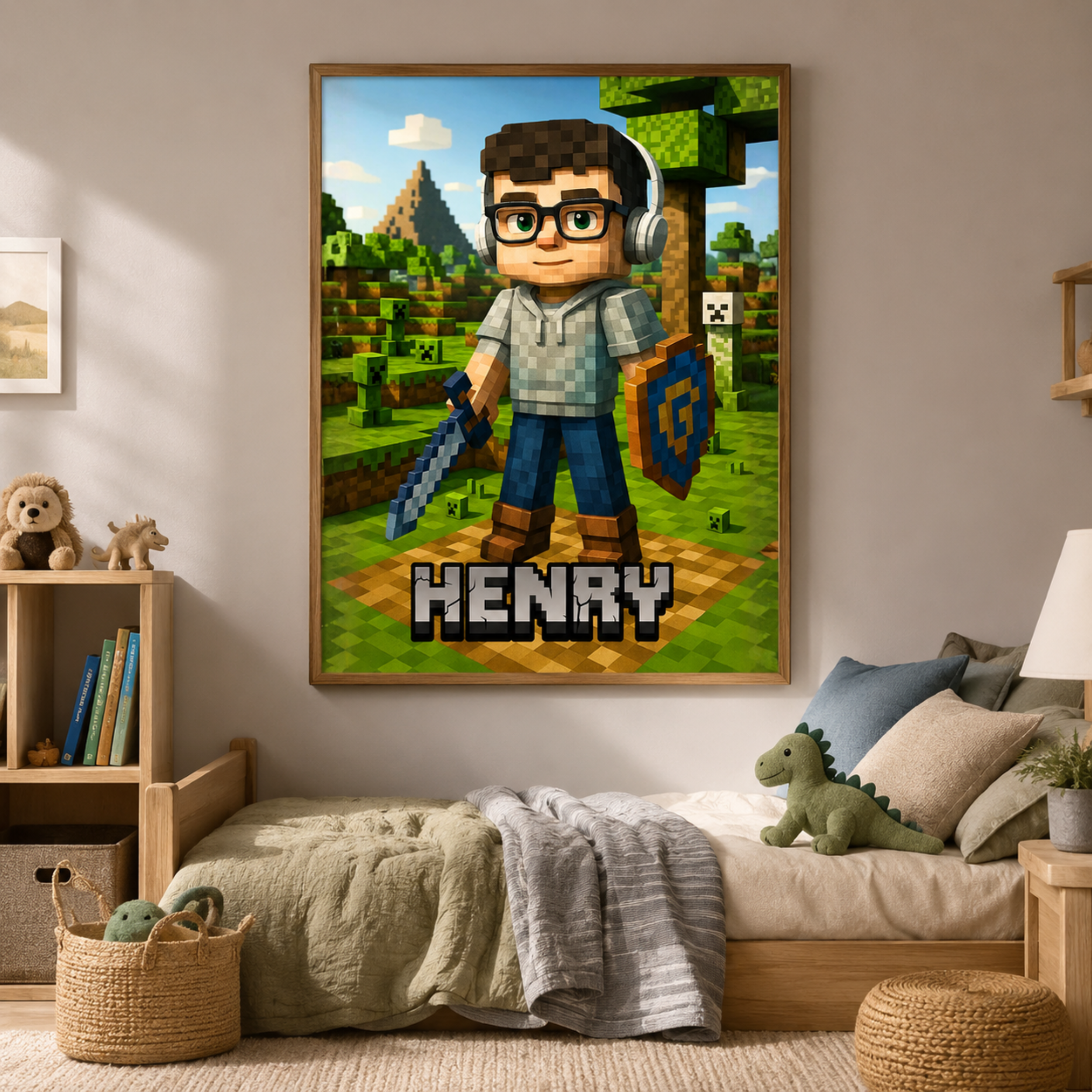Personalized Pixel Gamer Poster, Custom Child Face Wall Art, Block Style Kids Room Decor, Birthday Gift for Gamer Boy.