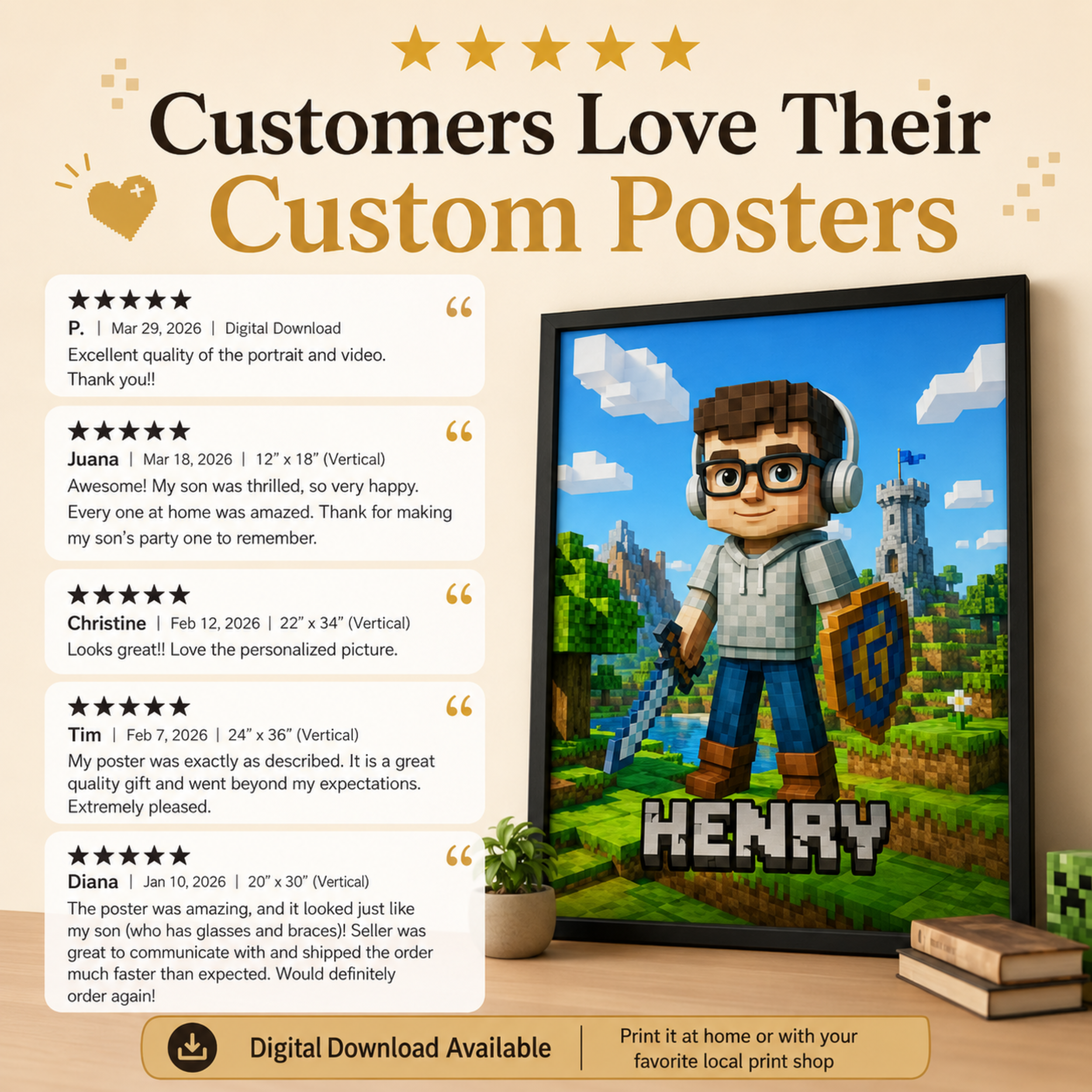 Personalized Pixel Gamer Poster, Custom Child Face Wall Art, Block Style Kids Room Decor, Birthday Gift for Gamer Boy.