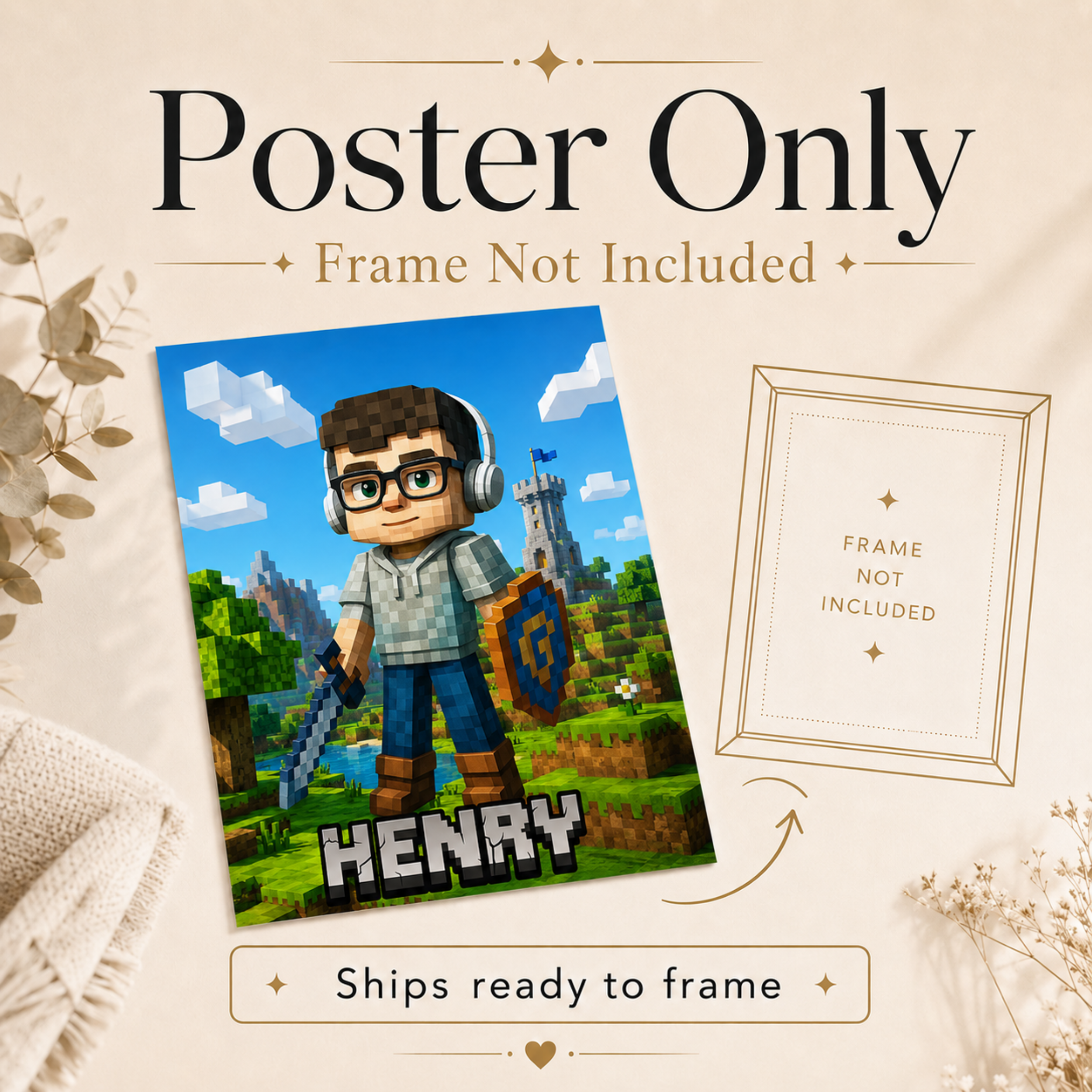 Personalized Pixel Gamer Poster, Custom Child Face Wall Art, Block Style Kids Room Decor, Birthday Gift for Gamer Boy.