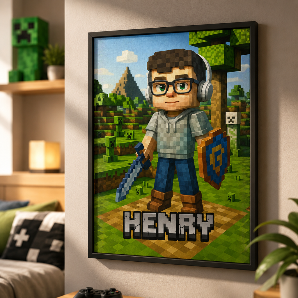 Personalized Pixel Gamer Poster, Custom Child Face Wall Art, Block Style Kids Room Decor, Birthday Gift for Gamer Boy.