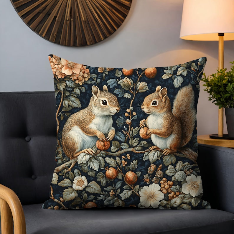 William Morris Throw Pillow squirrel design