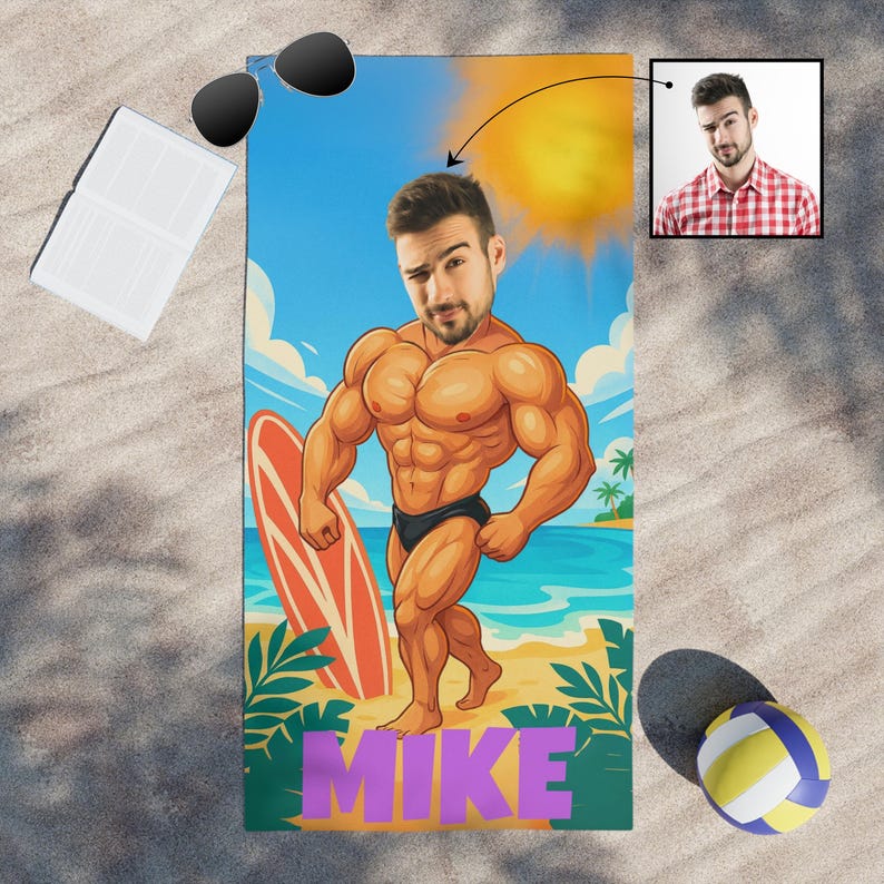 Custom muscle man beach towel with custom face