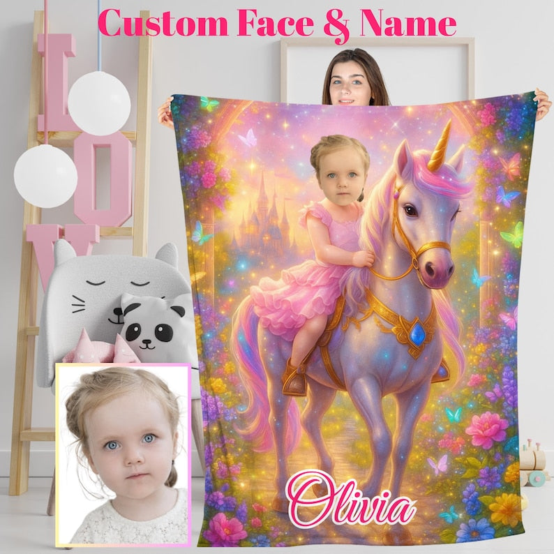 Personalized princess unicorn blanket with girl's face