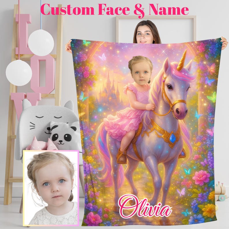 Personalized princess unicorn blanket with child's face