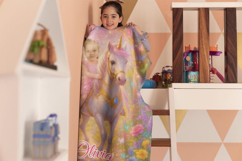 Unicorn blanket on bed