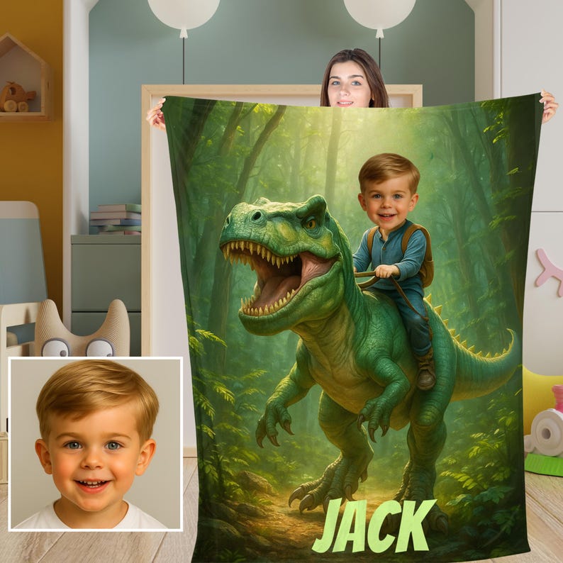 Personalized dinosaur blanket with child's face