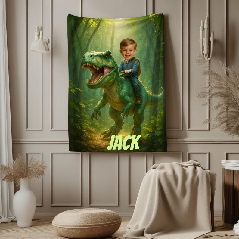 Child using dinosaur blanket