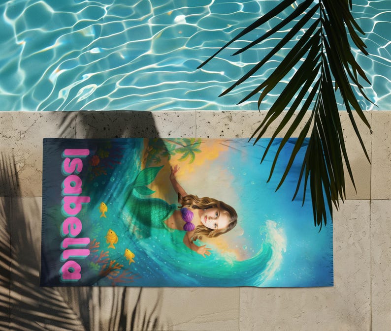 Custom face and name mermaid towel detail
