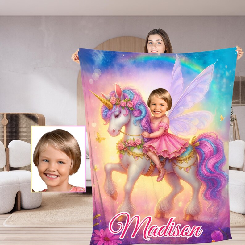 Personalized Unicorn Fairy Blanket with child's face and name