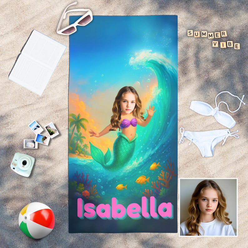Personalized Mermaid Beach Towel with child's face and name