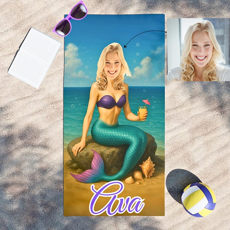 Personalized mermaid beach towel with custom face