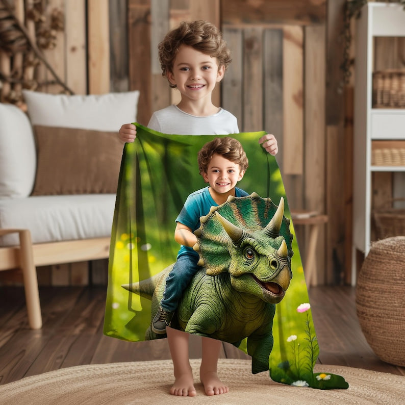 Child using dinosaur adventure blanket