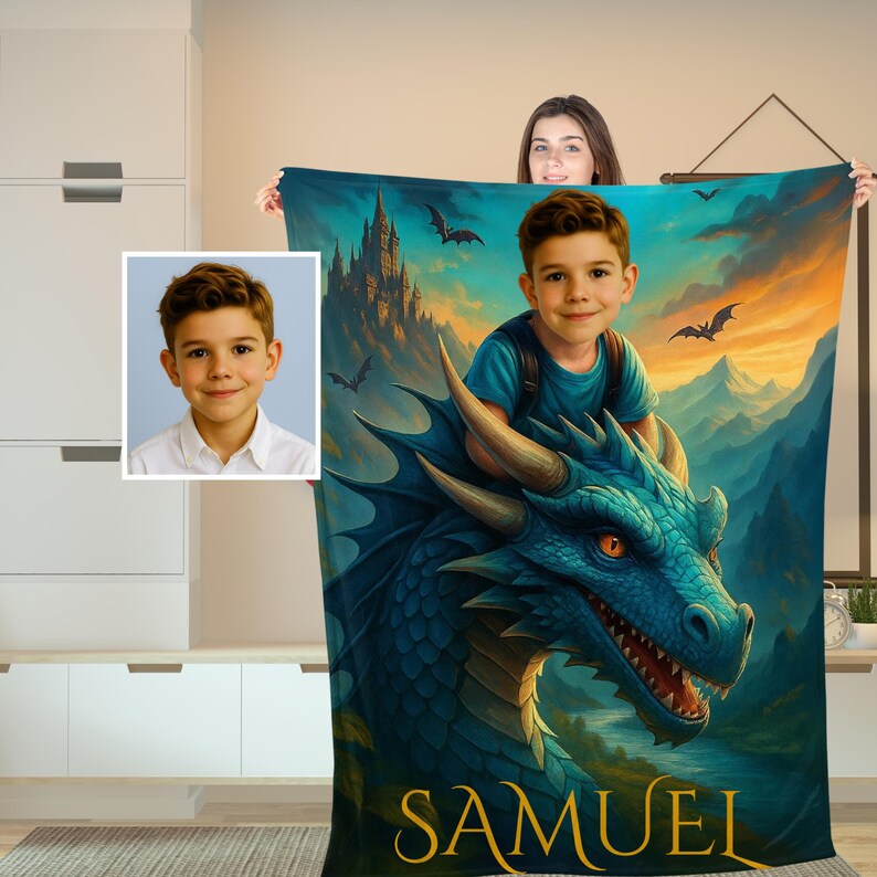 Custom dragon rider blanket with child's face and name