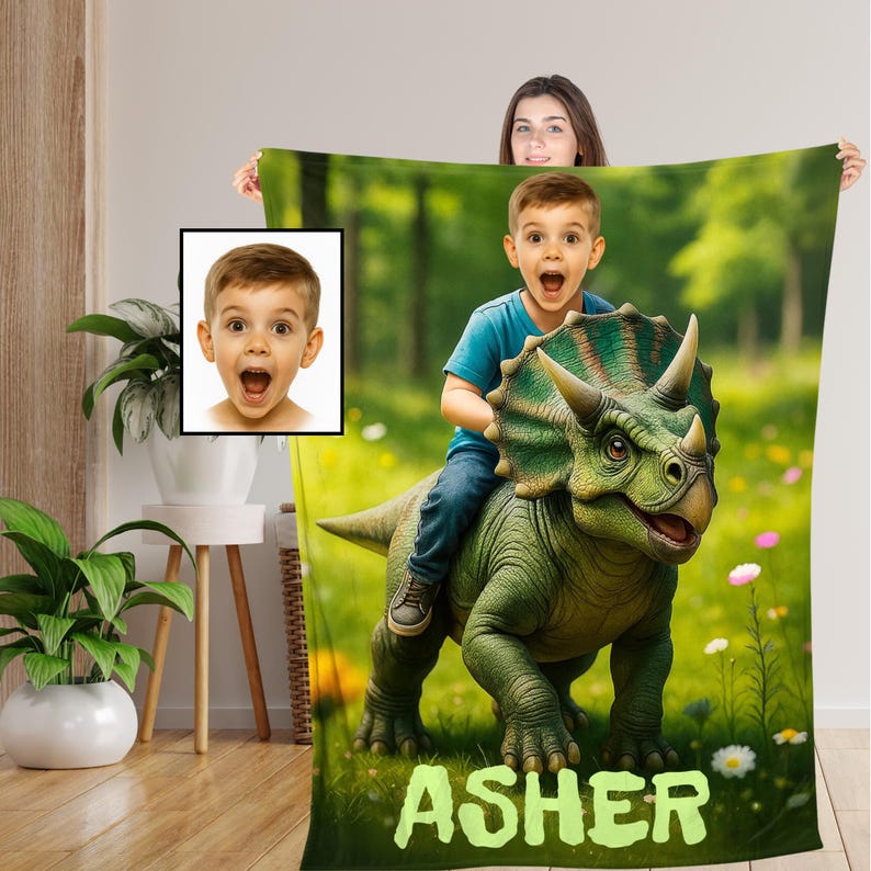 Personalized dinosaur adventure blanket with child's face