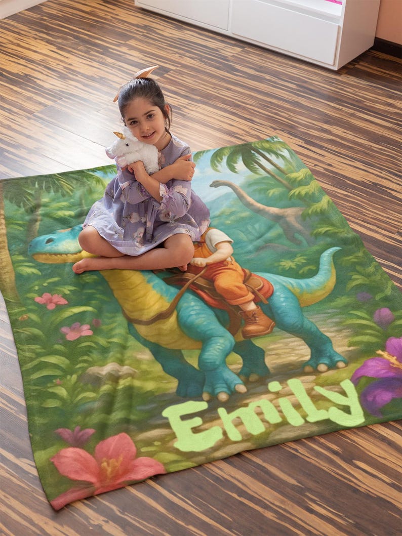 Child using dinosaur jungle blanket