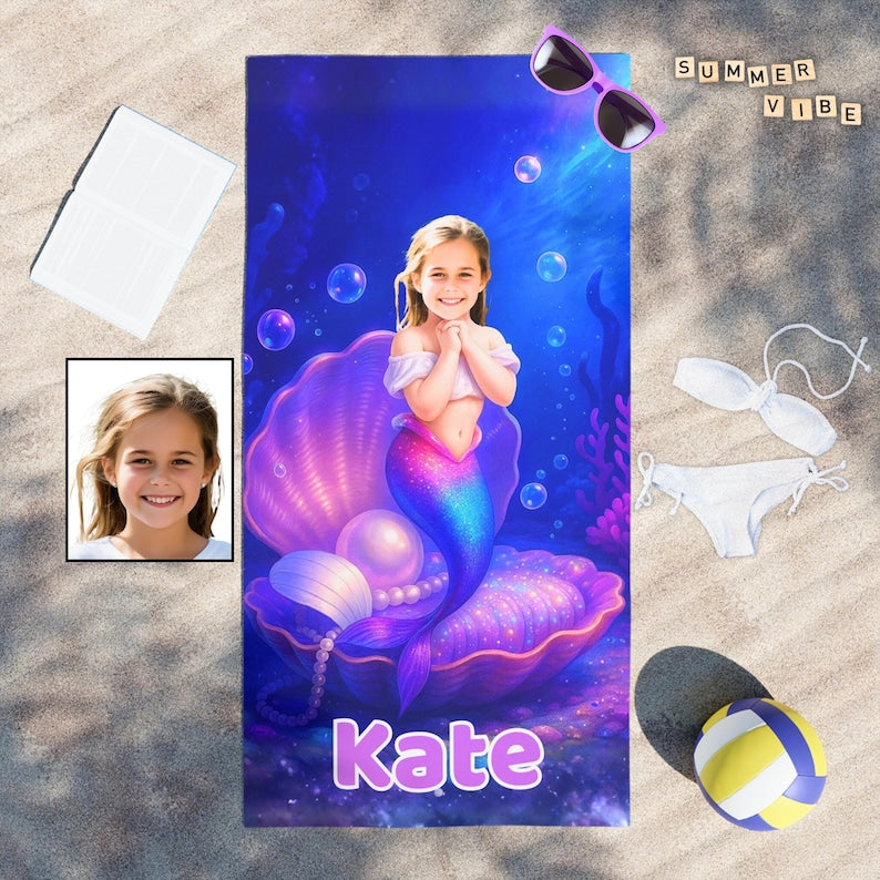 Personalized mermaid beach towel with child's face