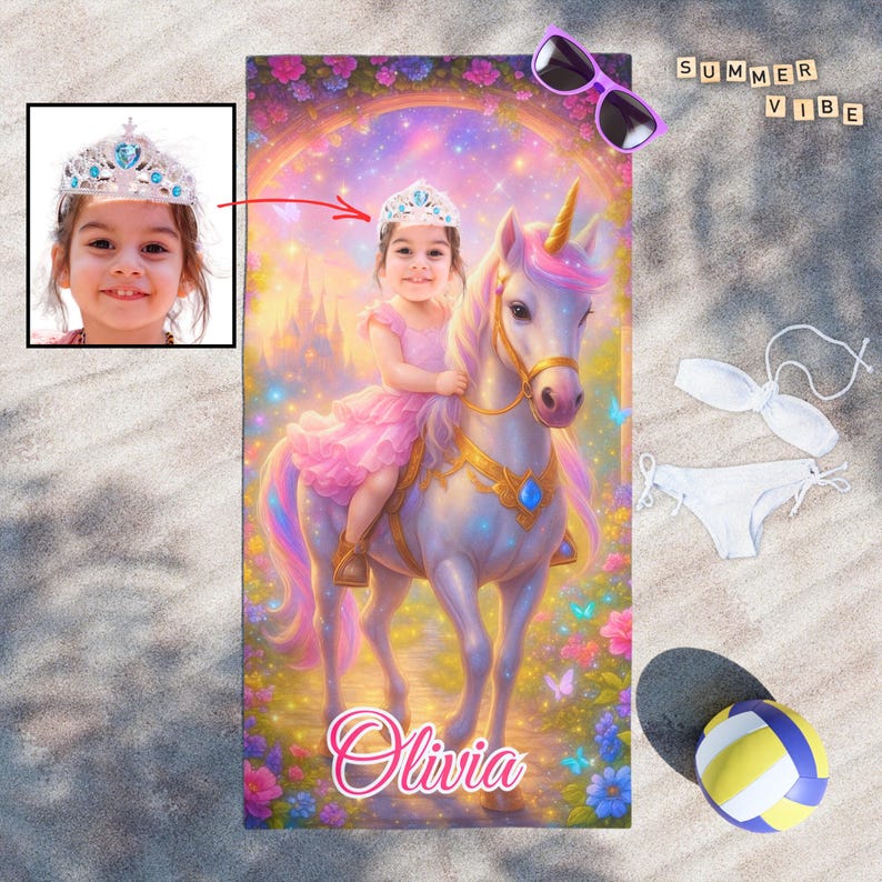 Personalized unicorn princess beach towel