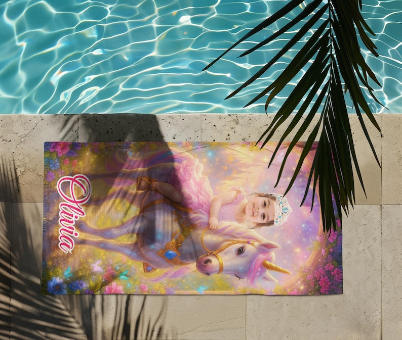 Unicorn princess towel on the beach