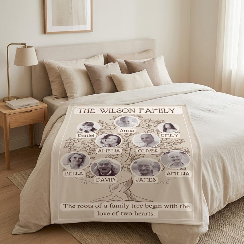 Family tree blanket fabric close-up