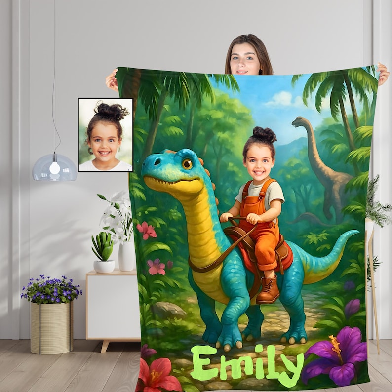 Personalized dinosaur jungle adventure blanket
