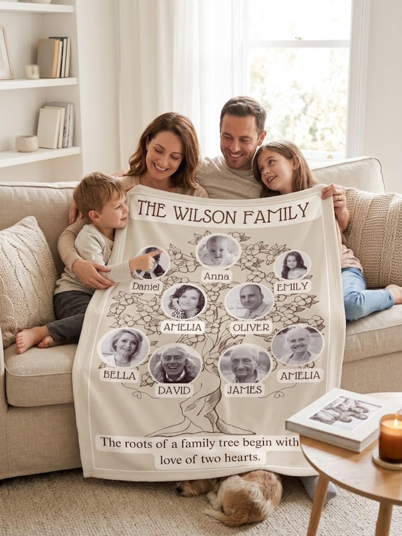 Family using family tree blanket