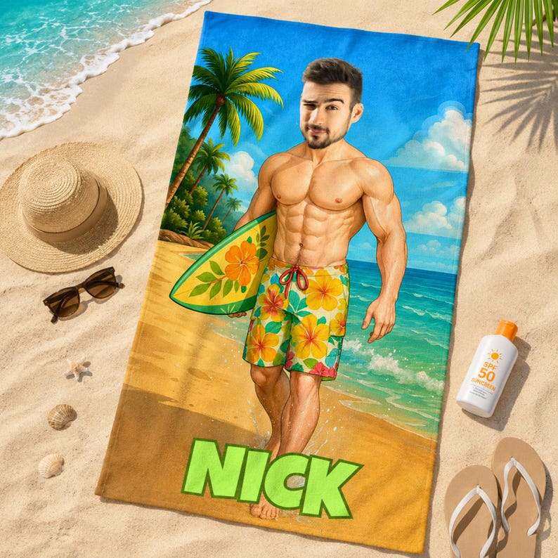 Custom surfer dude beach towel with custom face