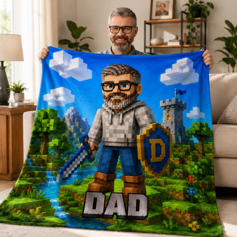 Custom gamer dad blanket with pixel design