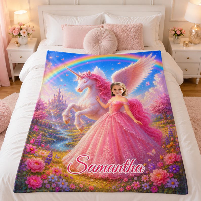 Custom face and name unicorn princess blanket detail