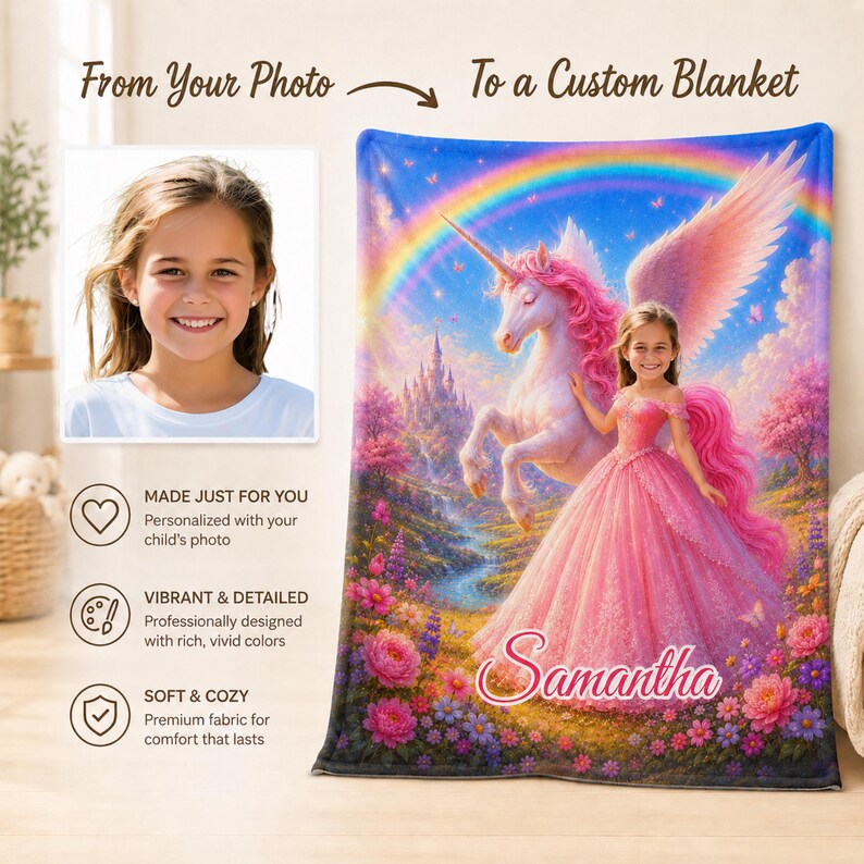 Custom unicorn princess blanket fabric close-up