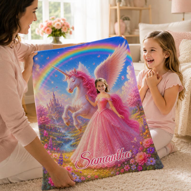 Personalized unicorn princess blanket size options