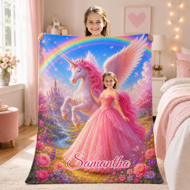 Personalized Unicorn Princess Blanket with child's face and name