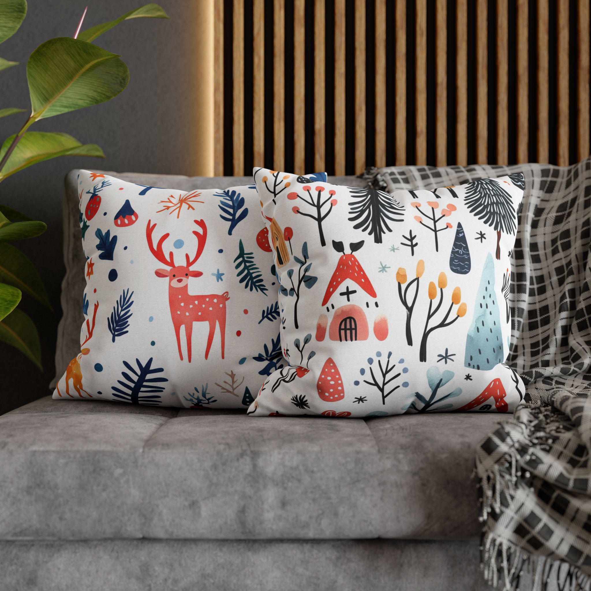 Scandinavian Christmas Village Pillow Cover with Nordic reindeer