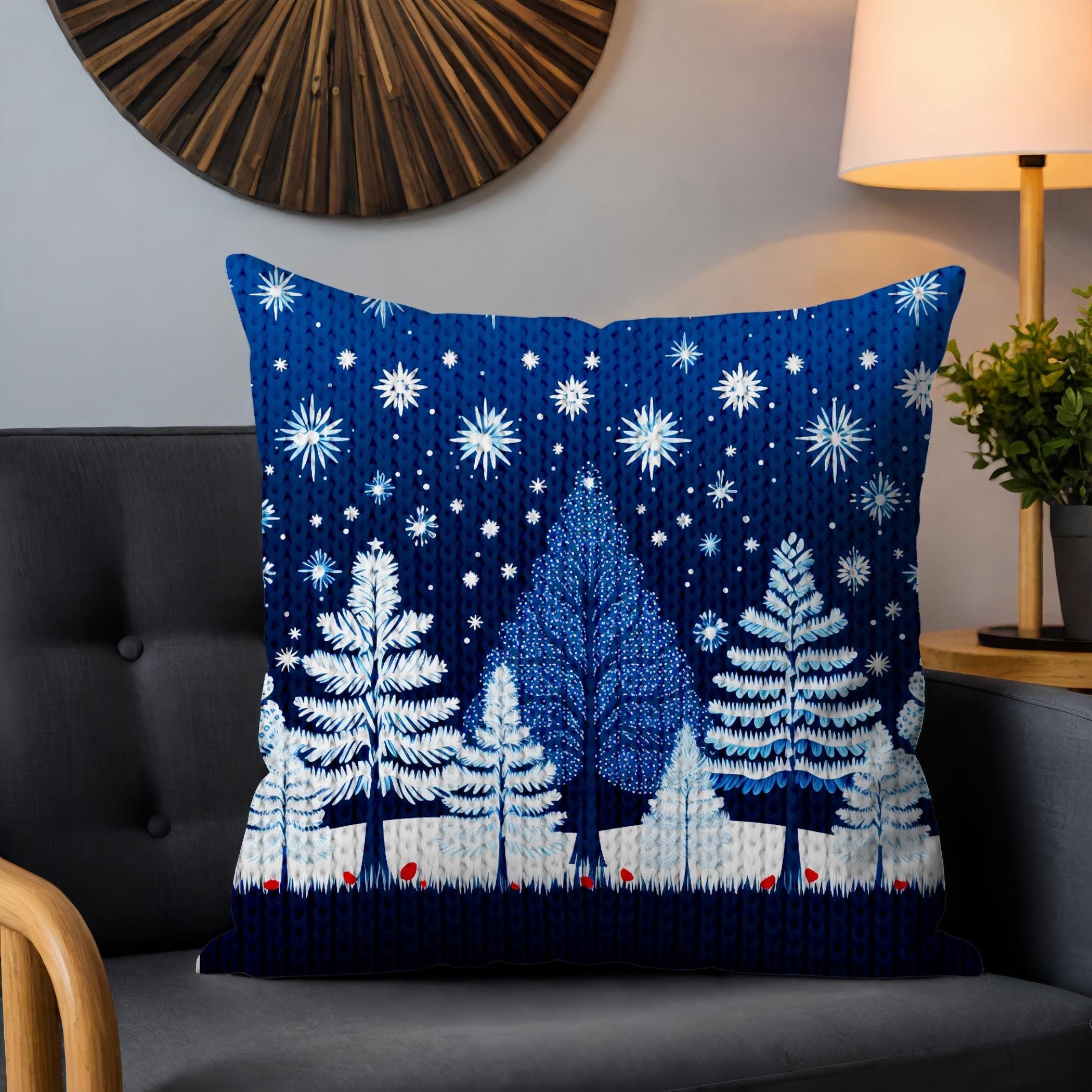 Scandinavian Winter Forest Woven Pillow Cover, Nordic blue and white