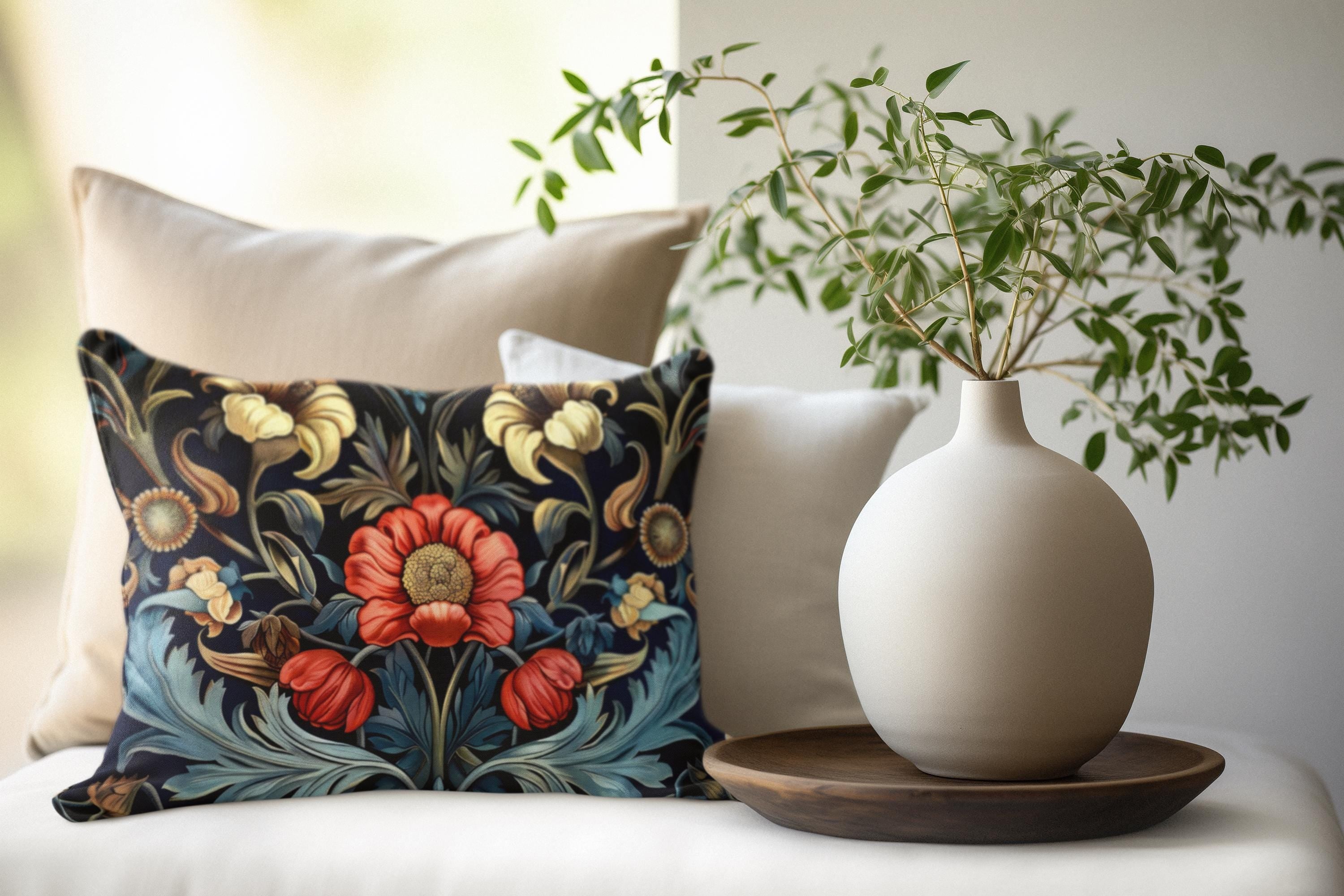 William Morris Lumbar Pillow Cover with vintage floral design