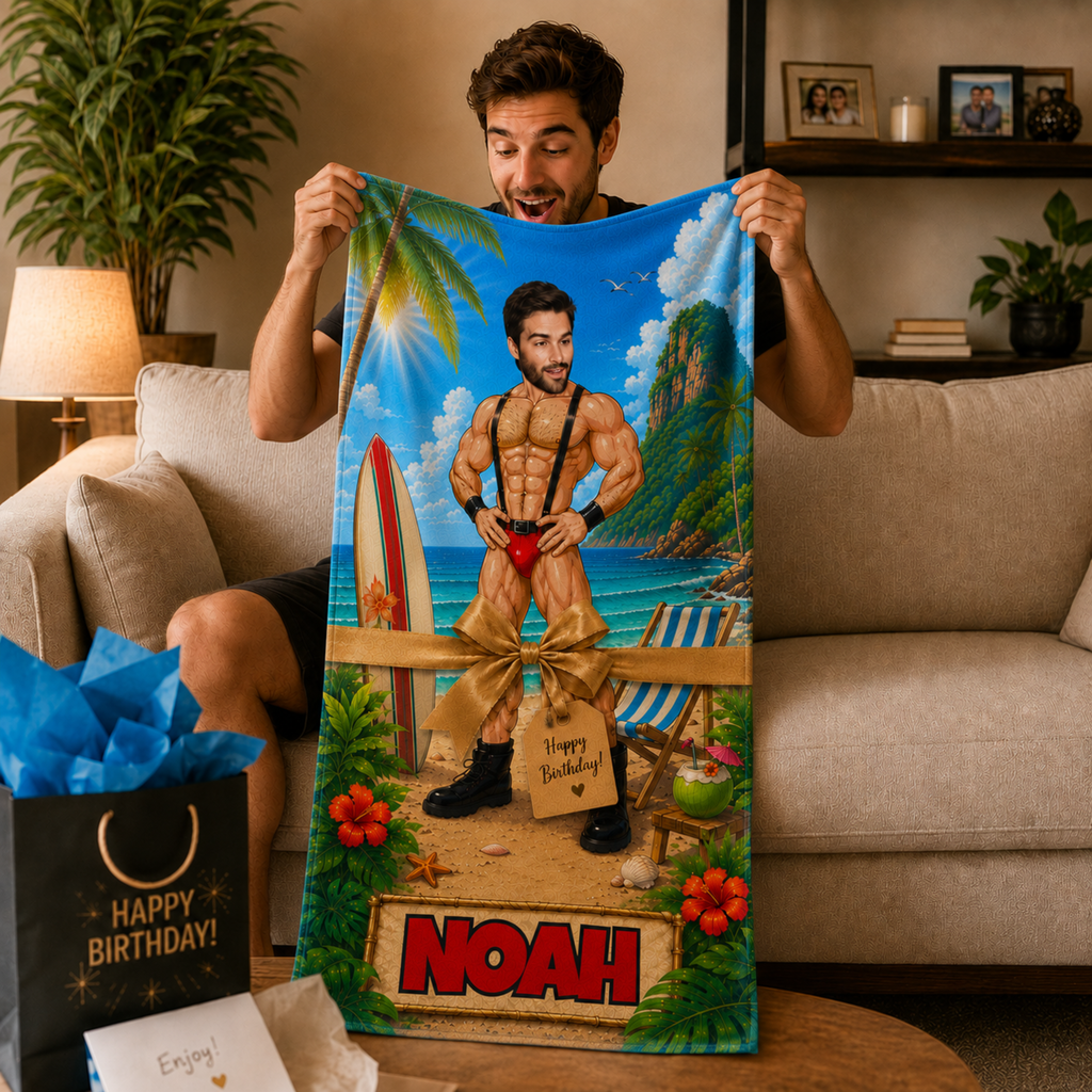 Personalized Muscle Beach Towel, Custom Face Name Funny Vacation Gift.
