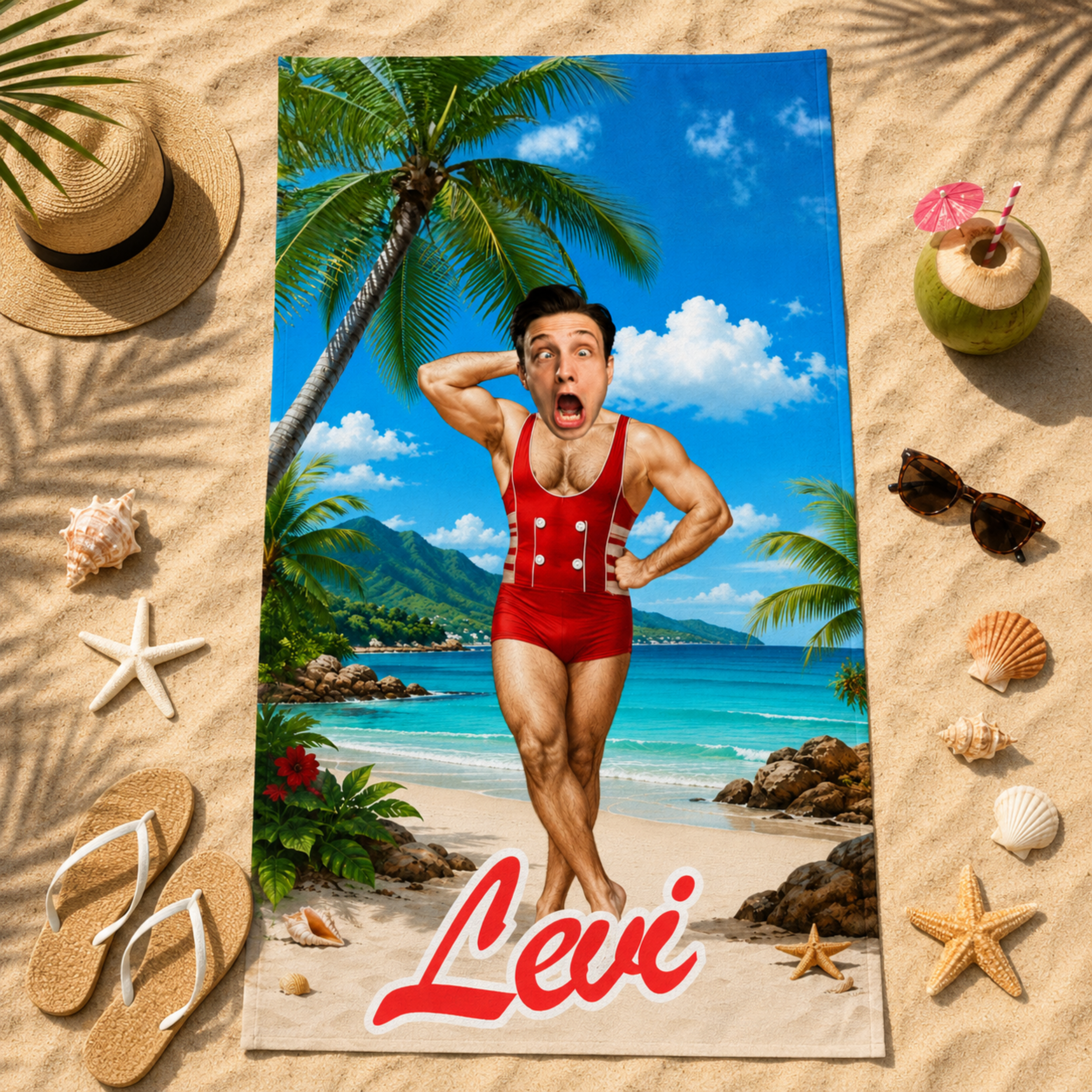 Personalized Retro Swimsuit Beach Towel, Custom Face Name Funny Vacation Gift.