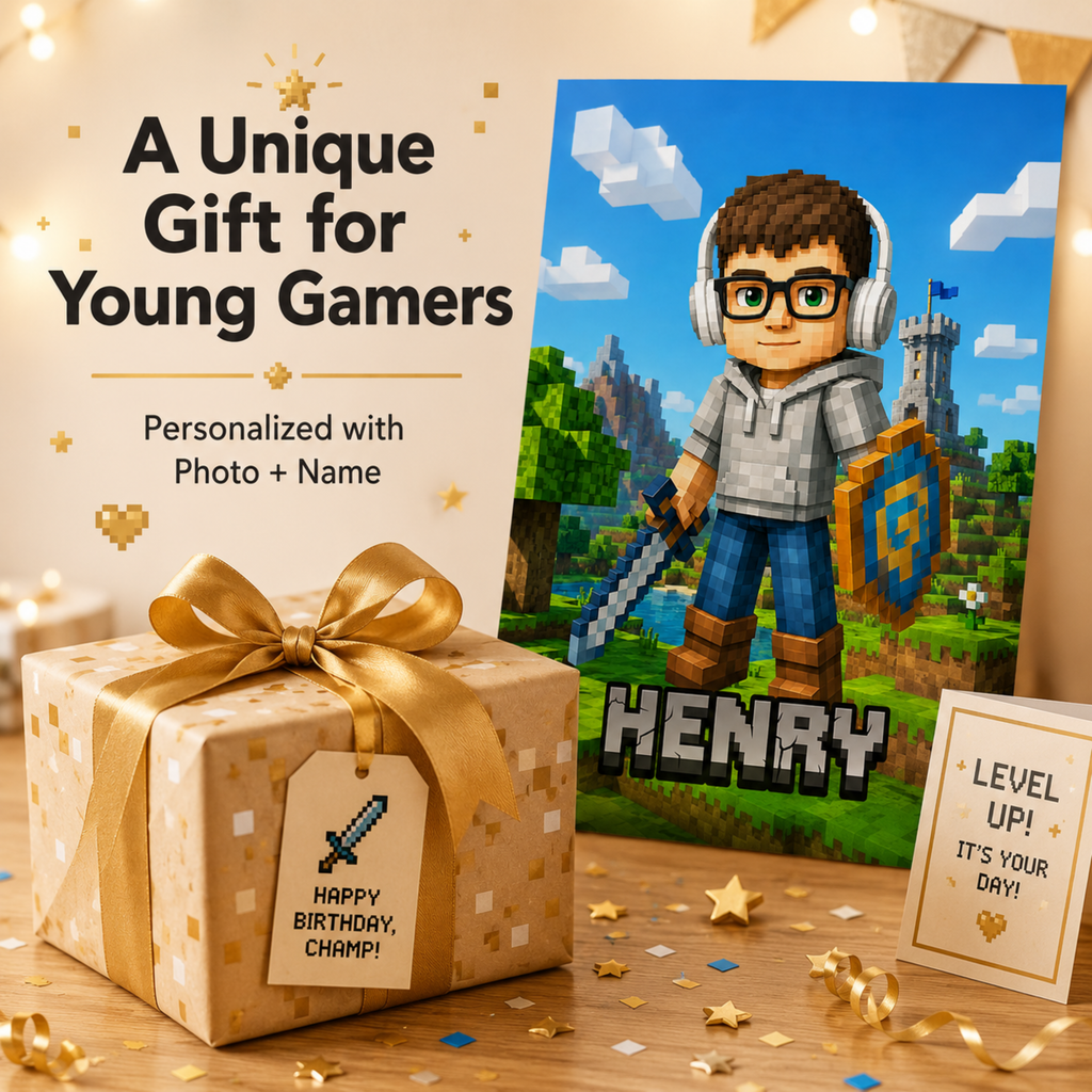 Personalized Pixel Gamer Poster, Custom Child Face Wall Art, Block Style Kids Room Decor, Birthday Gift for Gamer Boy.