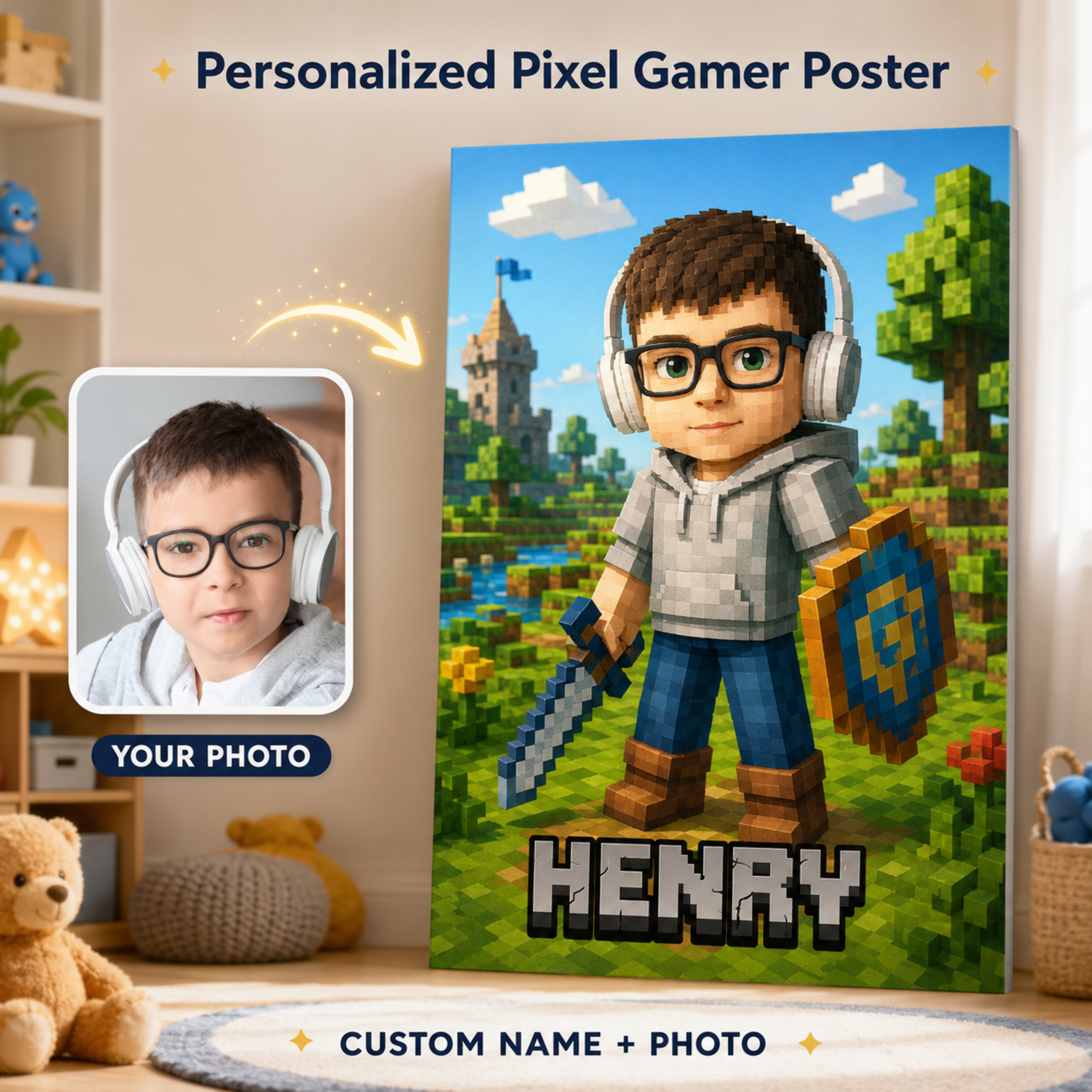 Personalized Pixel Gamer Poster, Custom Child Face Wall Art, Block Style Kids Room Decor, Birthday Gift for Gamer Boy.