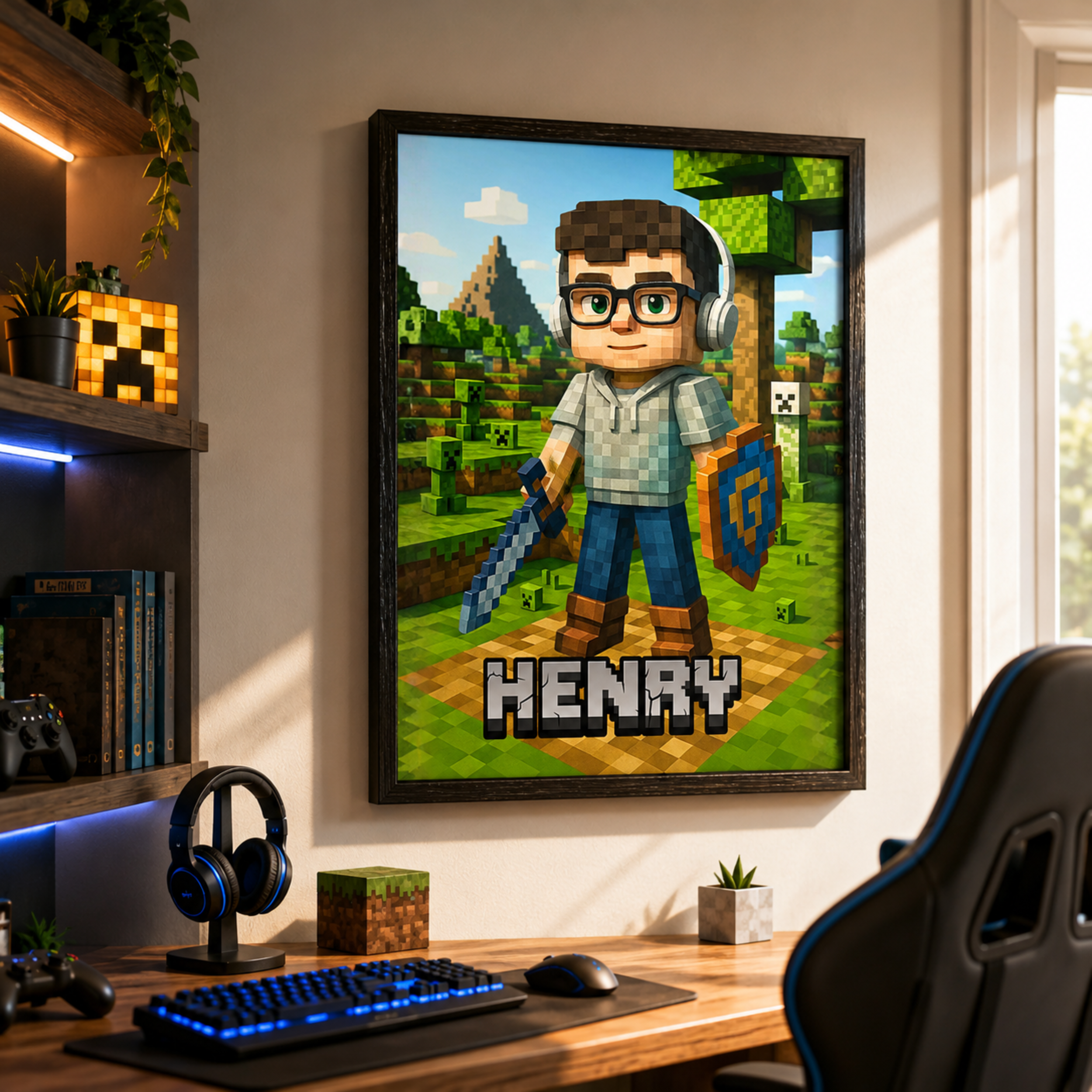 Personalized Pixel Gamer Poster, Custom Child Face Wall Art, Block Style Kids Room Decor, Birthday Gift for Gamer Boy.
